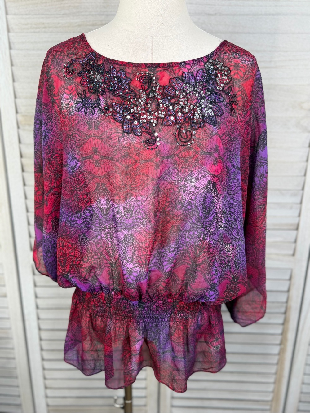 FASHION BUG Sheer Magenta/Purple Y2K Boho Blouse with Sequined Neckline-1X